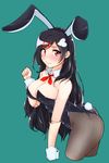  animal_ears ascot ass bad_id bad_pixiv_id black_hair black_legwear bunny_ears bunny_tail bunnysuit detached_collar faon_ouji fishnet_pantyhose fishnets highres long_hair original pantyhose red_eyes solo tail wrist_cuffs 