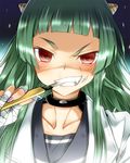  bandages biting boxcutter choker green_hair horns kami_nomi_zo_shiru_sekai knife_in_mouth long_hair lune_(kaminomi) red_eyes school_uniform serafuku smile solo yuto_(dialique) 