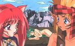  2girls bandanna bell blondia_varady blue_eyes brother_and_sister brown_hair cat_ears cloud clouds fallandia_varady green_hair heterochromia kimura_takahiro laying lipstick long_hair lying makeup mountain mountains multiple_girls nude pc_engine pointy_ears red_hair red_lips siblings sky sleeping steam_hearts tattoo vest yea_taltekisans 