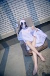  1girl bare_legs barefoot black_hair cosplay feet kajou_ayame kajou_ayame_(cosplay) panties photo shimoneta_to_iu_gainen_ga_sonzai_shinai_taikutsu_na_sekai solo toes underwear 