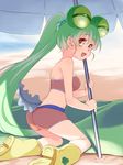  :d beach beach_towel beach_umbrella bikini blush boots breasts covered_nipples day green_hair highres jacqueline_(show_by_rock!!) kneeling long_hair looking_at_viewer looking_back medium_breasts open_mouth ponytail rubber_boots sand show_by_rock!! smile solo swimsuit tadpole_tail takano_natsuki towel umbrella very_long_hair yellow_eyes yellow_footwear 