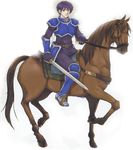  armor armored_boots boots fire_emblem fire_emblem:_fuuin_no_tsurugi gauntlets gloves horse kaneda_eiji male_focus noah_(fire_emblem) official_art purple_hair simple_background solo sword weapon white_background 