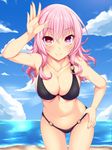  arm_up beach bikini black_bikini blue_sky blush breasts cleavage cloud collarbone cowboy_shot day hand_on_hip heart heart-shaped_pupils heterochromia highres large_breasts leaning_forward long_hair looking_at_viewer mirei-san_(suterii) navel original outdoors pink_eyes pink_hair red_eyes sky smile solo stomach suterii swimsuit symbol-shaped_pupils thigh_gap 