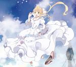  aldnoah.zero asseylum_vers_allusia bad_id bad_pixiv_id barefoot blonde_hair cloud cloudy_sky day dress flying frilled_dress frills green_eyes high_heels jusc0 landing_castle long_hair open_mouth puffy_sleeves shoes shoes_removed sky solo white_dress 