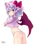  :o ass bat_wings blush dated hat kedama_milk looking_at_viewer looking_back no_pants panties pointy_ears red_eyes remilia_scarlet short_sleeves silver_hair simple_background solo touhou twitter_username underwear undressing white_background white_panties wings 