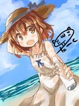  alternate_costume artist_name bare_shoulders beach brown_eyes brown_hair commentary_request darkside day dress fang hair_ornament hairclip hand_on_headwear hat ikazuchi_(kantai_collection) kantai_collection looking_at_viewer open_mouth ramune short_hair solo straw_hat sundress sweat 