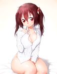  blush bottomless breasts brown_hair cleavage commentary_request dress_shirt ebina_nana himouto!_umaru-chan large_breasts long_hair looking_at_viewer naked_shirt no_bra onsoku_maru red_eyes shirt sitting smile solo twintails unbuttoned wavy_mouth 