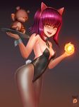  animal_ears annie_hastur badcompzero breasts bunny_tail bunnysuit fake_animal_ears fang fire league_of_legends long_hair looking_at_viewer pantyhose pink_hair small_breasts smile tail thighs tibbers tray yellow_eyes 