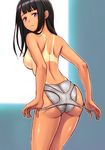  absurdres ass back black_hair blush breasts competition_swimsuit flat_ass from_behind highres kuri_(kurigohan) long_hair looking_at_viewer looking_back medium_breasts one-piece_swimsuit one-piece_tan original purple_eyes sideboob solo swimsuit swimsuit_pull tan tanline undressing 