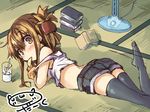  alternate_costume artist_name blush book brown_eyes brown_hair chips commentary_request darkside denim denim_shorts drink drinking_straw fan folded_ponytail food food_in_mouth inazuma_(kantai_collection) kantai_collection looking_at_viewer lying on_stomach shorts solo tank_top tatami thighhighs 