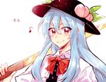  blue_hair blush bow eighth_note food fruit hat hat_ornament hinanawi_tenshi long_hair musical_note over_shoulder peach red_eyes six_(fnrptal1010) smile solo sword touhou weapon weapon_over_shoulder 