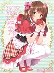  apple apron blush brown_hair commentary_request corset crossdressing dress eating food frilled_legwear fruit garters green_eyes hair_ribbon happy_birthday high_heels highres hood idolmaster idolmaster_side-m inari_(inariya) long_hair looking_at_viewer maid maid_headdress male_focus mizushima_saki nail_polish open_mouth otoko_no_ko pumps ribbon shoes solo squatting striped striped_background thighhighs twintails twitter_username unmoving_pattern white_legwear wrist_cuffs 