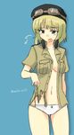  1girl blue_eyes blush cecilia_glinda_miles goggles hat panties shirt short_hair simple_background solo strike_witches torn_clothes underwear witches_of_africa 