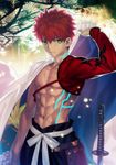  emiya_shirou fate/grand_order fate/stay_night fate_(series) katana male_focus muscle navel planted_sword planted_weapon red_hair solo sword takeuchi_takashi weapon 