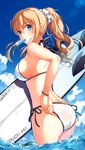  adjusting_clothes adjusting_swimsuit ass bikini blonde_hair blue_eyes breasts cloud day english food highres large_breasts liu_guniang long_hair mouth_hold original outdoors ponytail popsicle scrunchie side-tie_bikini sideboob solo summer swimsuit water wristband 