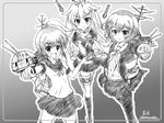  fubuki_(kantai_collection) greyscale kantai_collection long_hair monochrome multiple_girls mutsuki_(kantai_collection) pantyhose remodel_(kantai_collection) school_uniform serafuku short_hair soutou weapon yuudachi_(kantai_collection) 