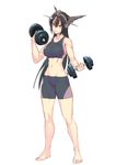  bike_shorts black_hair breasts full_body groin headgear kantai_collection large_breasts long_hair nagato_(kantai_collection) navel red_eyes smile solo sports_bra toned weightlifting weights yuuji_(and) 