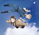  aldnoah.zero bad_id bad_pixiv_id blazer blonde_hair blue_eyes boots brown_eyes brown_hair calm_craftman cloud day double_v flying full_body gloves jacket jusc0 male_focus mechanic mikuni_okisuke multiple_boys necktie open_mouth school_uniform sky v 