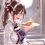  :d adapted_costume alternate_hairstyle apron ashigara_(kantai_collection) bangs blurry bob_(biyonbiyon) brown_eyes brown_hair chopsticks curry curry_rice depth_of_field fangs food frilled_apron frills hair_between_eyes hair_up hairband holding holding_plate kantai_collection katsudon_(food) long_hair lowres non-web_source official_art open_mouth plate ponytail porthole remodel_(kantai_collection) rice shirt sidelocks smile solo steam teeth upper_body white_shirt window 