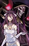  ahoge ainz_ooal_gown albedo black_wings breasts cleavage demon_girl demon_horns dress elbow_gloves feathered_wings gloves hair_between_eyes hip_vent horns large_breasts long_hair overlord_(maruyama) purple_hair skeleton smile tea_(nakenashi) twitter_username white_dress white_gloves wings yellow_eyes 