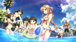  4girls :d :o ^_^ absurdres agil asuna_(sao) bald ball bandana bare_shoulders beachball bikini black_eyes black_hair blush braid breasts brown_eyes brown_hair cleavage closed_eyes dark_skin facial_hair fisheye frilled_bikini frills front-tie_top goatee green_eyes hair_ornament hairclip highres innertube kirigaya_suguha kirito klein large_breasts lisbeth long_hair male_swimwear midriff multiple_boys multiple_girls navel open_mouth pool red_eyes short_hair shorts side-tie_bikini silica single_braid sitting smile standing striped striped_bikini striped_swimsuit swim_trunks swimsuit swimwear sword_art_online tears twintails wading wet wrist_grab yuuki_tatsuya 