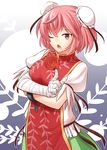  bandages bun_cover chinese_clothes crossed_arms cuffs double_bun flower fuuzasa highres ibaraki_kasen index_finger_raised one_eye_closed open_mouth pink_eyes pink_hair puffy_short_sleeves puffy_sleeves red_eyes rose shackles shirt short_hair short_sleeves skirt solo tabard touhou 