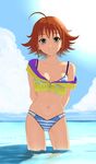  ahoge arms_behind_back bikini bikini_under_clothes blue_eyes breasts brown_hair cleavage crop_top highres idolmaster idolmaster_cinderella_girls looking_at_viewer nishijima_kai off_shoulder saty-rokuji short_hair small_breasts smile solo striped swimsuit swimsuit_under_clothes wading zipper 