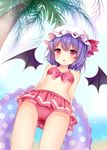  amashiro_natsuki ass_visible_through_thighs bad_id bad_pixiv_id bat_wings bikini bikini_skirt breasts day from_below hat hat_ribbon highres innertube looking_at_viewer mob_cap navel open_mouth outdoors palm_tree pink_bikini pink_eyes purple_hair remilia_scarlet ribbon small_breasts solo standing swimsuit touhou tree wet wings 