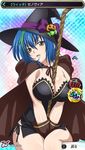  blue_hair border breasts checkered cleavage female gradient gradient_background hat high_school_dxd large_breasts official_art solo witch xenovia_(high_school_dxd) yellow_eyes 