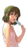  bad_id bad_pixiv_id bare_shoulders brown_eyes brown_hair food holding idolmaster idolmaster_million_live! looking_at_viewer nagayoshi_subaru official_style open_mouth popsicle rr_(suisse200) short_hair simple_background solo sweat tongue tongue_out white_background 