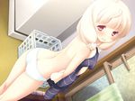  ass back blonde_hair blush cafe_sourire game_cg gayarou holding holding_clothes jpeg_artifacts laundry_basket long_hair looking_at_viewer official_art ogiwara_kyouko panties red_eyes sidelocks solo topless underwear underwear_only white_panties wince 