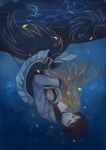  1girl beatrice blonde_hair blue_eyes bubble closed_eyes dress feesh hair_down hug petals red_hair spoilers umineko_no_naku_koro_ni underwater upside-down ushiromiya_battler 