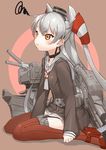  amatsukaze_(kantai_collection) blush brown_dress brown_eyes choker dress grey_neckwear hair_tubes headgear high_heels highres jonsun kantai_collection long_hair long_sleeves machinery neckerchief red_footwear red_legwear rensouhou-kun sailor_collar shoes short_dress silver_hair sitting squiggle thighhighs two_side_up wariza 