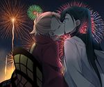  braid cape closed_eyes fireworks green_hair japanese_clothes kiss male_focus multiple_boys nikkari_aoe pink_hair ponytail saku_anna souza_samonji touken_ranbu yaoi 