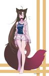  alternate_costume animal_ears bare_legs barefoot brown_hair casual chemise closed_eyes collarbone contemporary fang full_body highres imaizumi_kagerou long_hair namauni off_shoulder open_clothes open_mouth open_shirt shirt shorts signature solo standing tail touhou very_long_hair walking wolf_ears wolf_tail yawning 