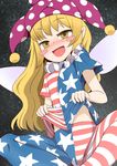  american_flag american_flag_dress american_flag_legwear blonde_hair blush blush_stickers clownpiece dress dress_lift fairy_wings frilled_shirt_collar frills hat jester_cap long_hair looking_at_viewer naughty_face neck_ruff open_mouth pantyhose smile solo star striped striped_dress striped_legwear touhou wings yassy yellow_eyes 