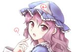  ? face hat long_sleeves looking_at_viewer minust mob_cap open_mouth pink_eyes pink_hair saigyouji_yuyuko simple_background solo touhou triangular_headpiece upper_body white_background 