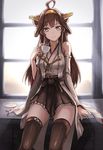  ahoge arm_support bangs bare_shoulders black_skirt boots brown_eyes brown_hair closed_mouth collarbone cup detached_sleeves double_bun eyebrows_visible_through_hair hairband head_tilt headgear japanese_clothes kantai_collection kongou_(kantai_collection) long_hair looking_at_viewer nontraditional_miko pleated_skirt remodel_(kantai_collection) ribbon-trimmed_sleeves ribbon_trim sash sidelocks sitting skirt smile solo tea_(nakenashi) teacup thigh_boots thighhighs wide_sleeves zettai_ryouiki 