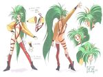  1girl ass asymmetrical_clothes bikini breasts concept_art female green_eyes green_hair heels horns kimura_takahiro long_hair navel pc_engine pointy_ears simple_background solo standing steam_hearts swimsuit yea_taltekisans 