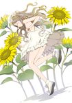  bare_arms bare_legs brown_hair closed_eyes commentary_request dress flower head_wreath highres kamogawa_(kamogawa_sodachi) long_hair no_socks original shoes smile sneakers solo sunflower white_dress white_footwear 