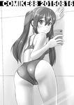  ass cellphone competition_swimsuit from_behind greyscale highres looking_back monochrome one-piece_swimsuit original phone solo swimsuit tk4 