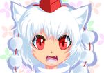  :d animal_ears face fangs happy hat headwear inubashiri_momiji looking_at_viewer nac0n open_mouth pom_pom_(clothes) red_eyes red_hat smile solo tokin_hat touhou white_hair wolf_ears 