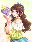  ;) amanogawa_kirara bracelet brown_hair gift go!_princess_precure hair_ribbon jewelry long_hair looking_at_viewer one_eye_closed parted_lips precure purple_eyes ribbon ring smile solo takanashi_ringo 