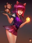  animal_ears annie_hastur badcompzero breasts fake_animal_ears fang fire league_of_legends long_hair looking_at_viewer pink_hair skirt small_breasts smile thighs tibbers tray yellow_eyes 