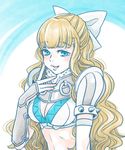  blonde_hair blue_eyes bow breasts charlotte_(fire_emblem_if) cleavage fire_emblem fire_emblem_if fur_trim hair_bow large_breasts lips long_hair midriff parted_lips pauldrons shirokuro_(0501nk) smile solo spikes upper_body wavy_hair white_bow 