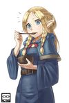  belt blonde_hair blue_eyes bowl braid dungeon_meshi eating elf highres long_hair marcille michitarou pointy_ears robe solo spoon twin_braids 