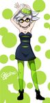  1girl black_dress blush detached_collar domino_mask dress green_legwear grey_hair hair_rings highres hotaru_(splatoon) mask mole mole_under_eye pantyhose pointy_ears short_hair smile solo splatoon_(series) splatoon_1 strapless strapless_dress symbol-shaped_pupils tentacle_hair usa_(dai9c_carnival) yellow_eyes 