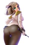  artist_request ass blush breasts brown_hair epaulettes female from_behind from_below glasses gloves green_eyes hair_ornament hairclip jacket kantai_collection katori_(kantai_collection) kouki_kuu large_breasts long_hair looking_back military military_uniform open_mouth pantyhose riding_crop sideboob simple_background solo white_background 