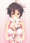  bare_arms black_eyes blush bow breasts brown_hair flower hair_bow hairband hidden_mouth holding idolmaster idolmaster_(classic) kikuchi_makoto large_breasts looking_at_viewer midriff satori0121 short_hair solo wrist_cuffs 