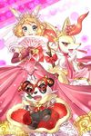  1girl bow bowtie braixen dress elbow_gloves fan frilled_dress frills fur_cape gloves jewelry konna-nani lots_of_jewelry nintendo pancham pokemon pokemon_(game) pokemon_xy serena_(pokemon) short_hair sunglasses tiara 